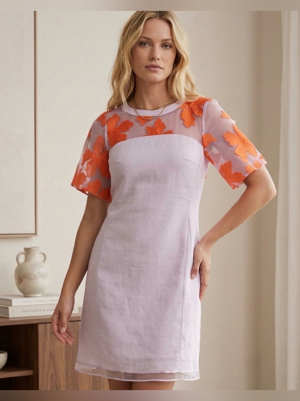 NWOT Rebecca Taylor Lilac Mini Dress with Orange Floral Applique 2
